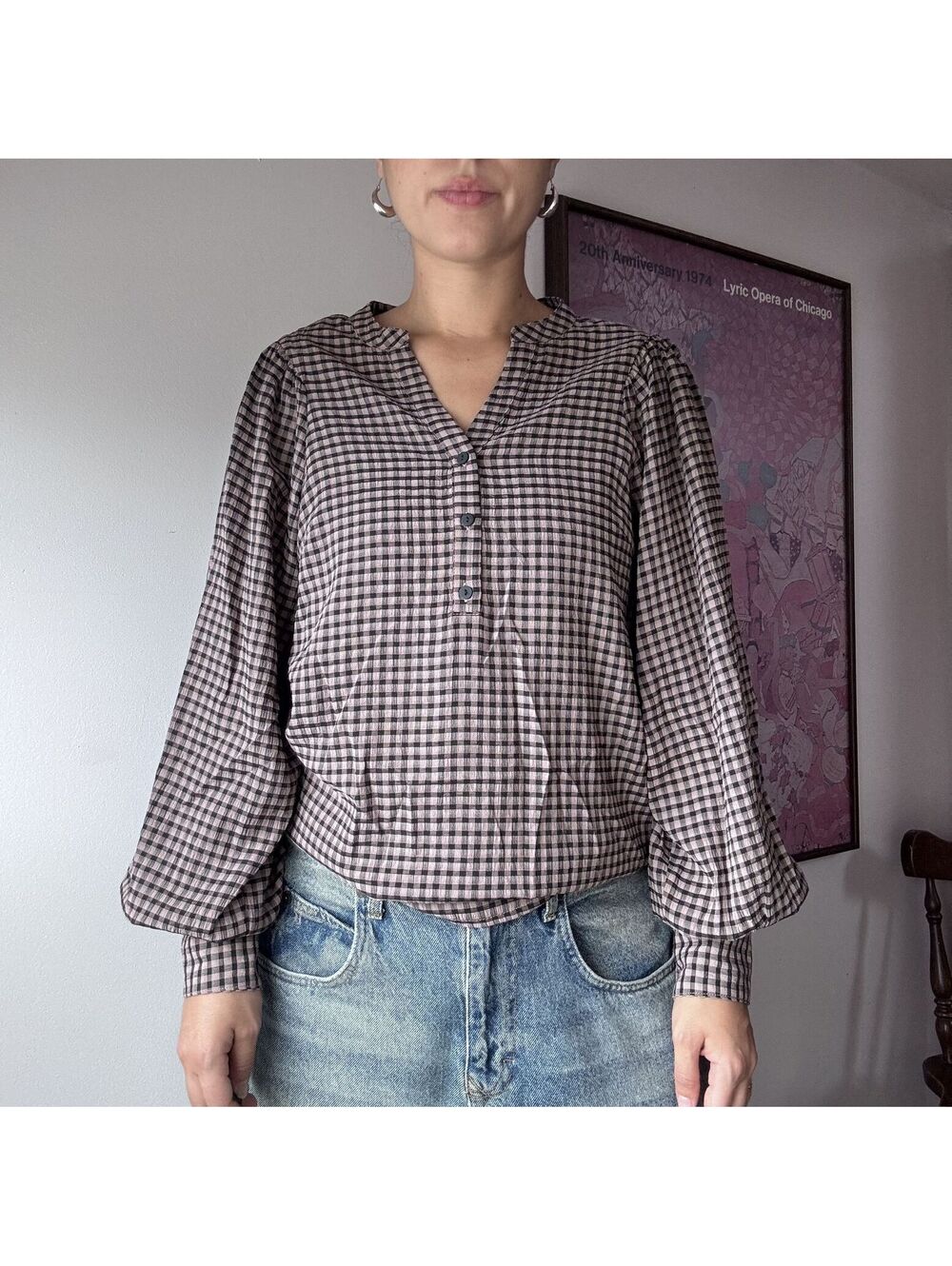 MSCH Copenhagen XS Brown and Black Checkered Blouse with Balloon Sleeves